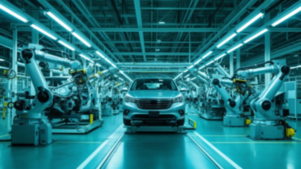 Linha de montagem automotiva com braços robóticos