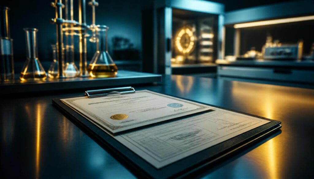 Laudos e certificados técnicos sobre uma mesa de laboratório