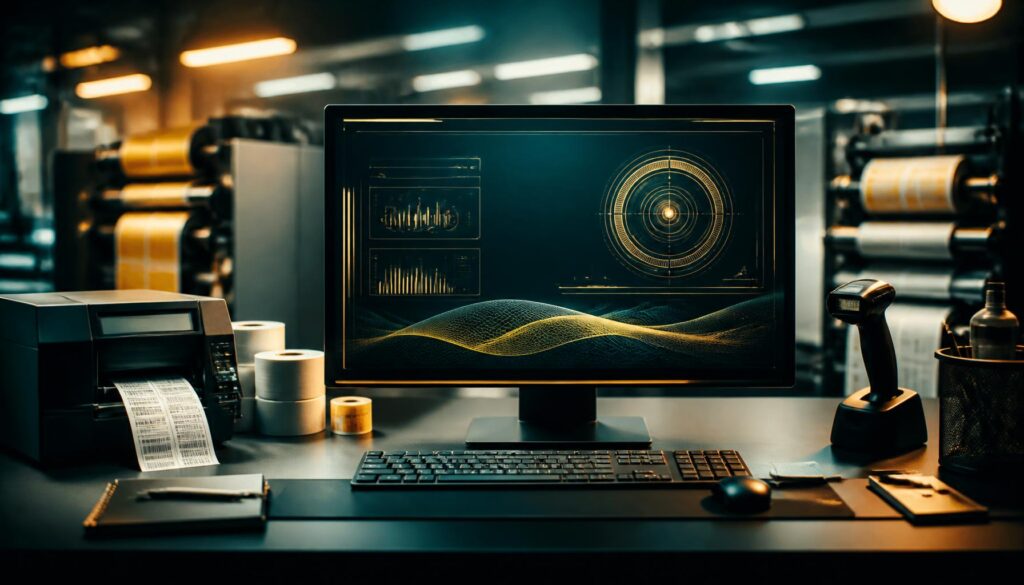 Estação de trabalho com computador e impressoras de etiquetas